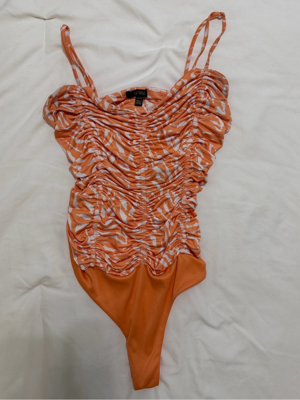 AFRM Orange and White Ruched Bodysuit